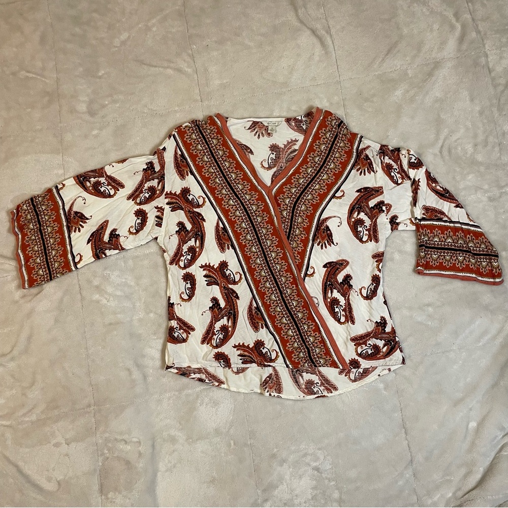 C EST 1946 Paisley Faux Wrap Blouse Boho Women's Small White Brown